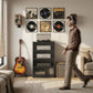 Distressed black media cabinet with glass doors and adjustable interior shelves