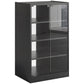 Dark media cabinet with two glass door panels and open adjustable shelves