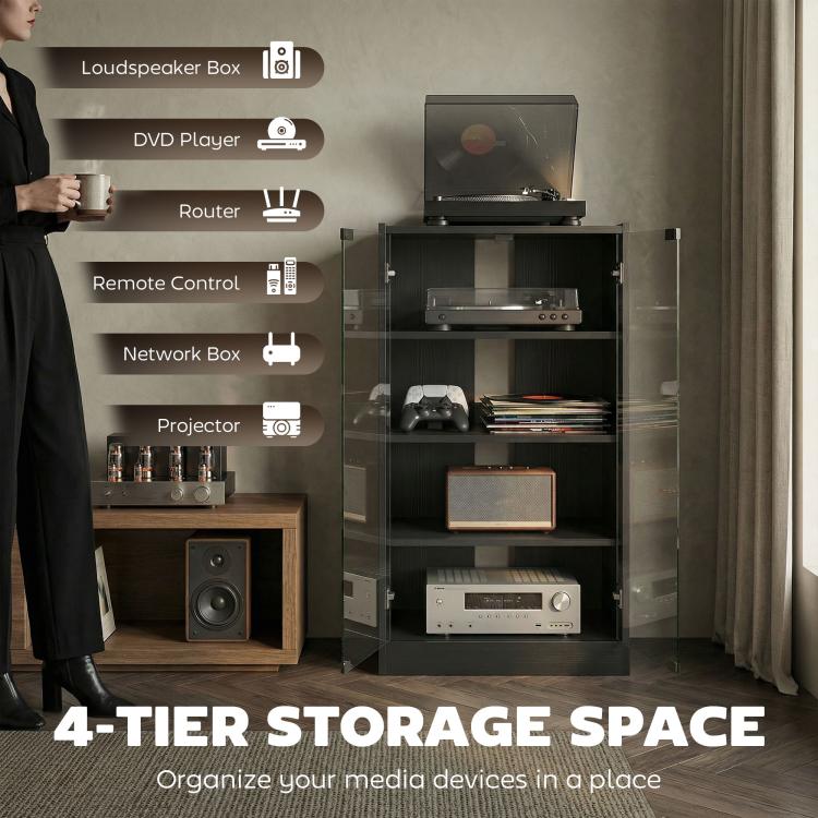 Dark glass-front media cabinet with four-tier storage for AV devices