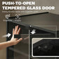 Dark media cabinet with tempered glass door and push-to-open latch
