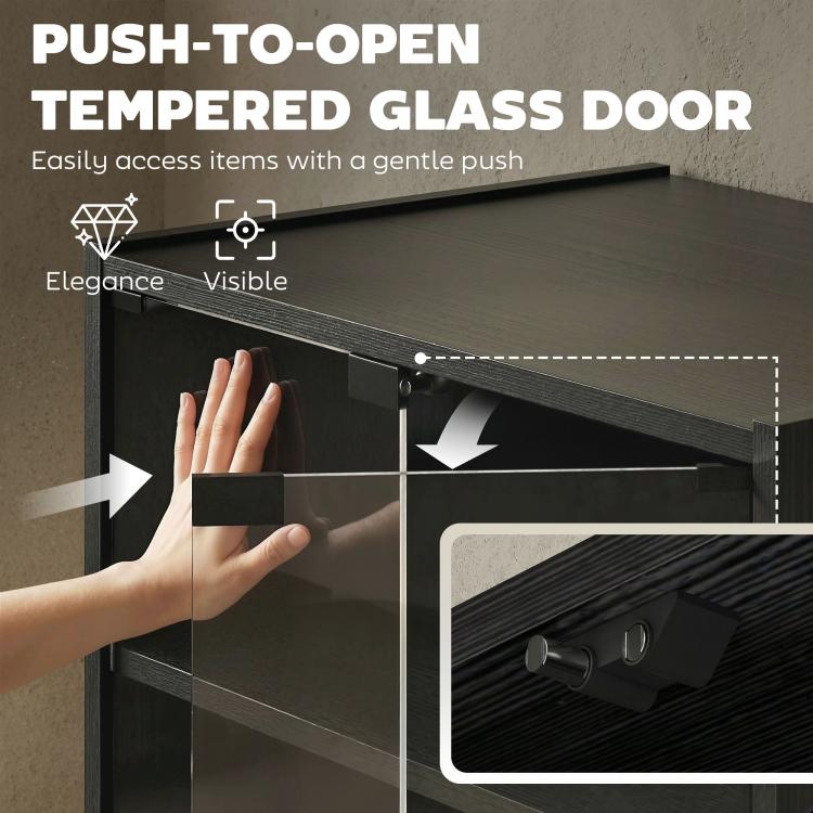Dark media cabinet with tempered glass door and push-to-open latch