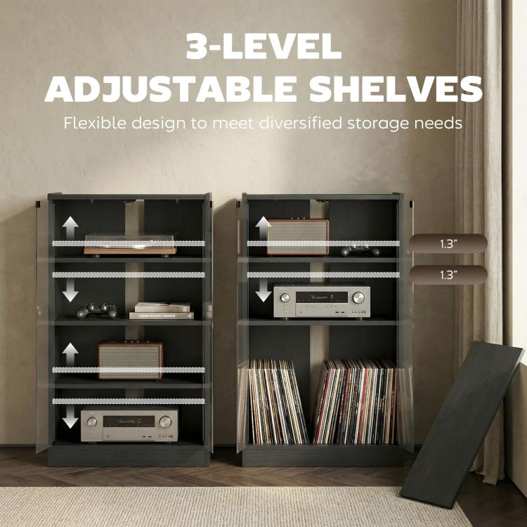 Dark media cabinet showing adjustable interior shelves behind glass doors