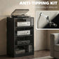 Dark media cabinet with anti-tipping wall strap hardware and glass shelves