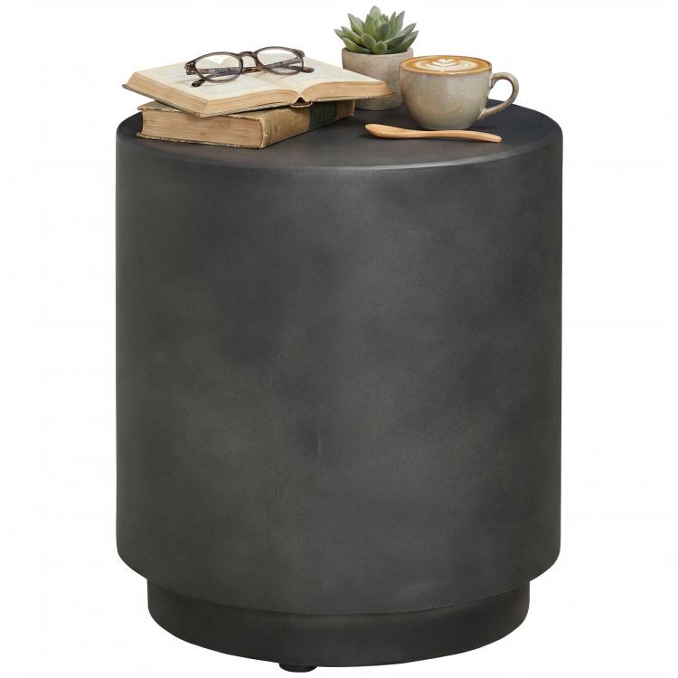 Dark gray round side table with concrete-look top surface and wide cylindrical base