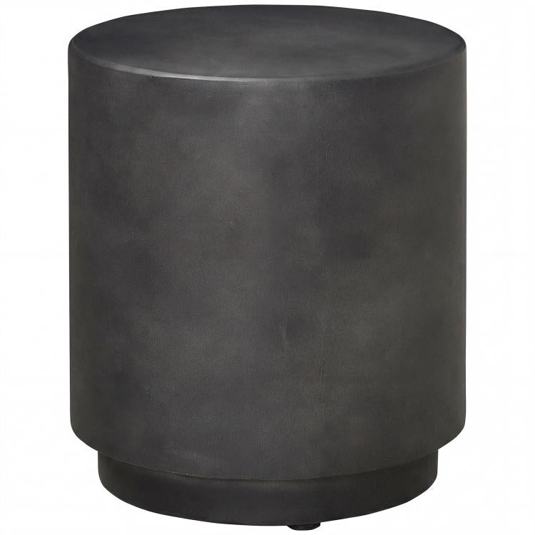 Dark gray cylindrical side table with smooth concrete finish and round top