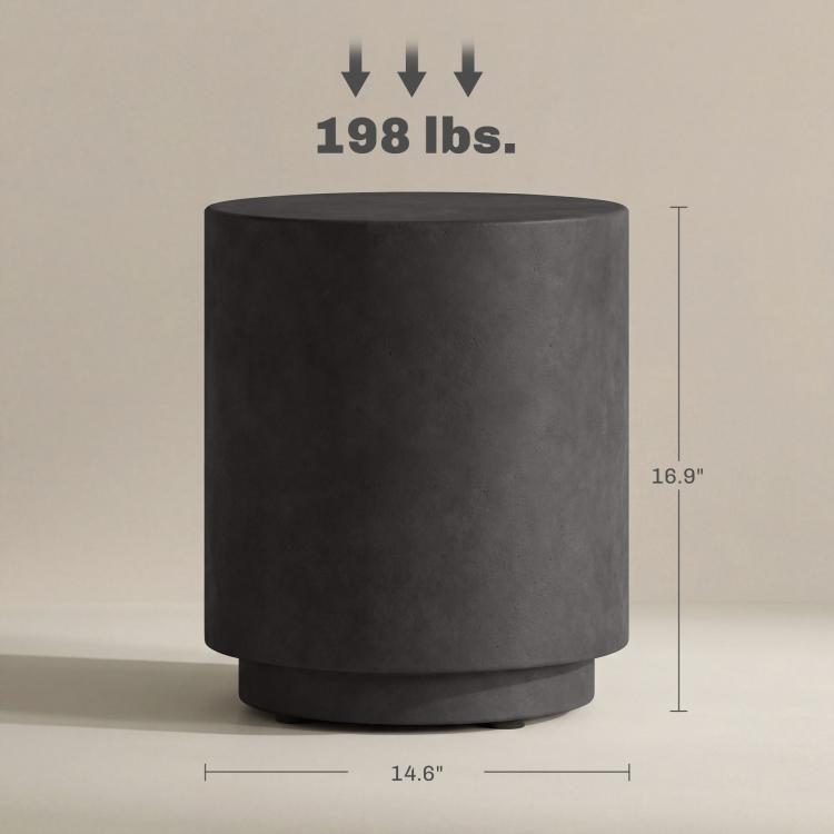 Dark gray round side table with concrete-look finish, shown with size dimensions