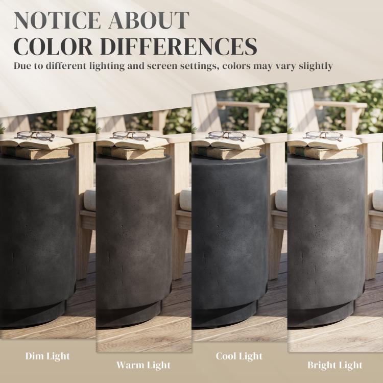 Set of dark gray round side tables with concrete-look finish in multiple lighting tones