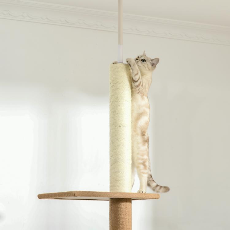 Light brown cat climbing tower with sisal scratching post and hanging platforms