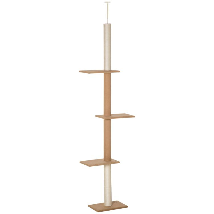 Light brown cat climbing tower with sisal-covered posts and three stacked platforms