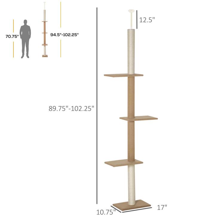 Light brown cat tower size diagram showing four-tier layout and platform spacing
