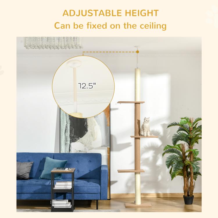 Light brown cat tree next to a window, showing platform heights and sisal post