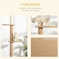 Light brown cat tree with four-tier design; cat perched on top platform