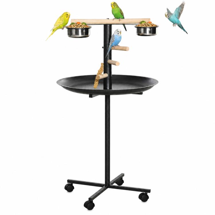 Black bird play stand with round feeding tray, two stainless bowls, wooden perches, wheels