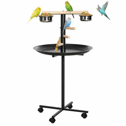 Black bird play stand with round feeding tray, two stainless bowls, wooden perches, wheels