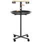 Black bird play stand with round top tray, two stainless bowls, wooden perches, caster wheels