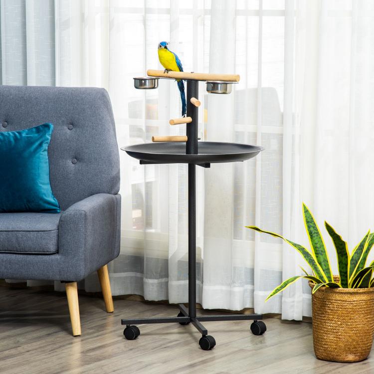 Bird play perch stand with round black tray, stainless bowls and wooden perches on wheels