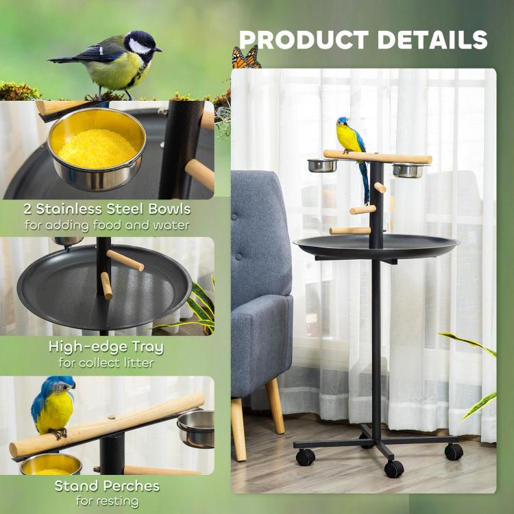 Bird play stand detail view with two stainless bowls, high-edge tray, wooden perches