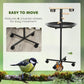 Bird play stand with four universal wheels, round black tray and stainless feeding bowls