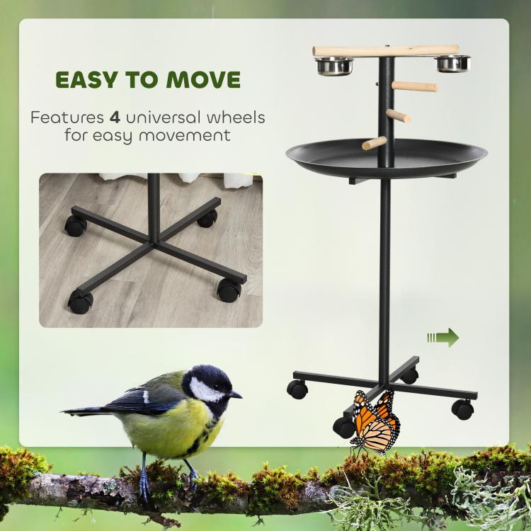 Bird play stand with four universal wheels, round black tray and stainless feeding bowls
