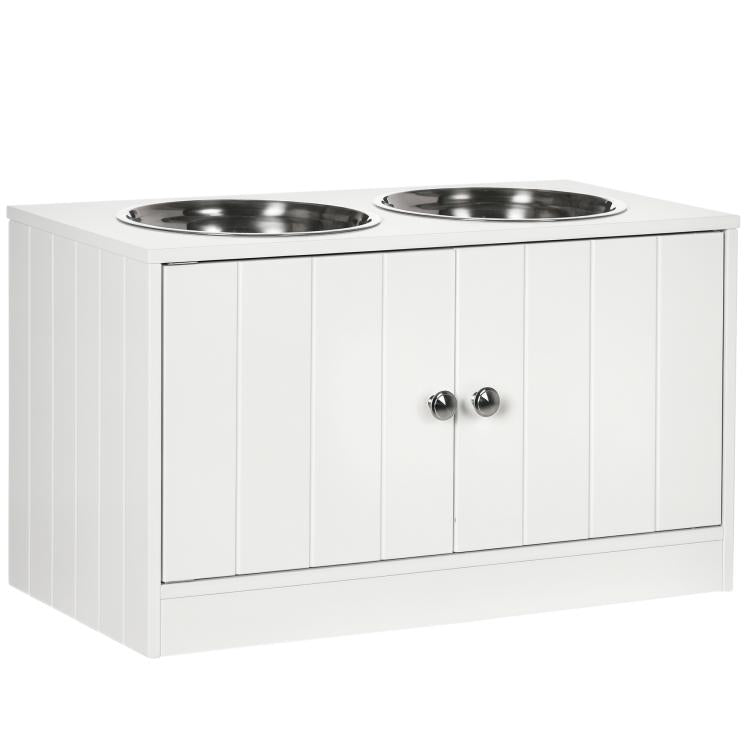 White raised dog feeding stand with two stainless steel bowls and cabinet doors