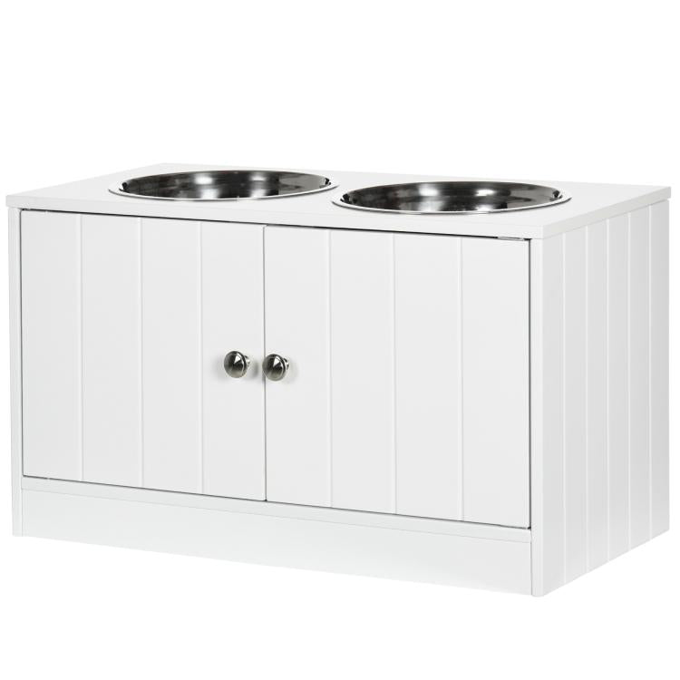 White raised dog feeding stand with two stainless steel bowls and two cabinet doors