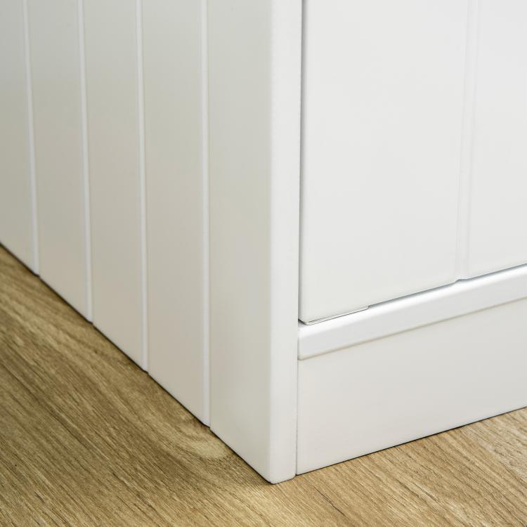 White elevated dog bowl storage cabinet, shown from corner with base panels