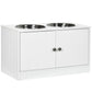White dog bowl stand cabinet with two stainless steel bowls and two door knobs