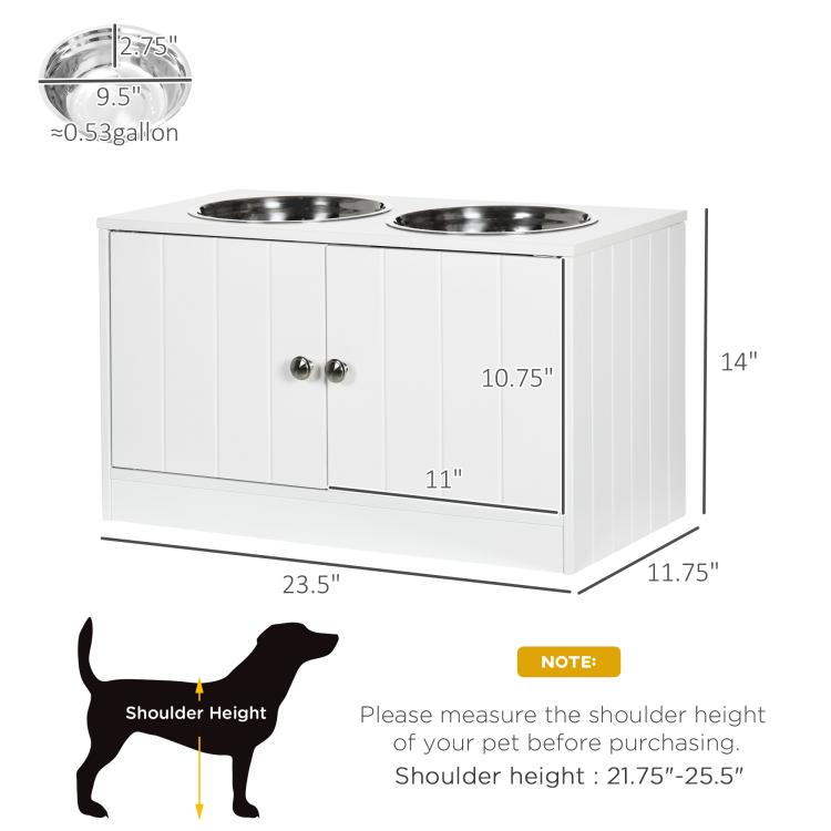 White raised dog feeding stand with two stainless steel bowls and size measurements