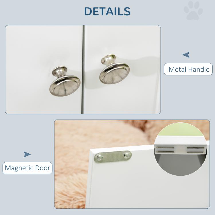 White cabinet door details with metal handles and magnetic closure