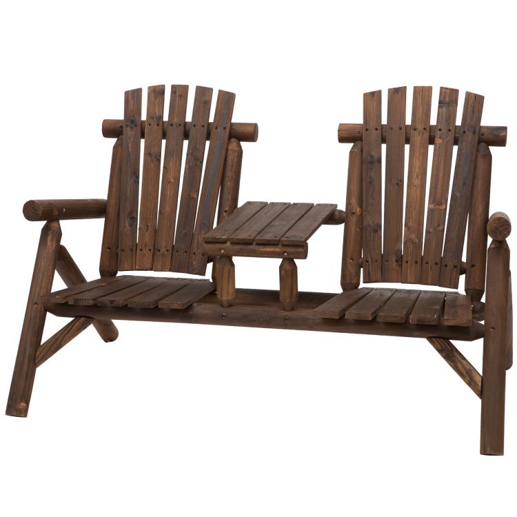 Carbonized wood Adirondack patio bench with center coffee table, side view