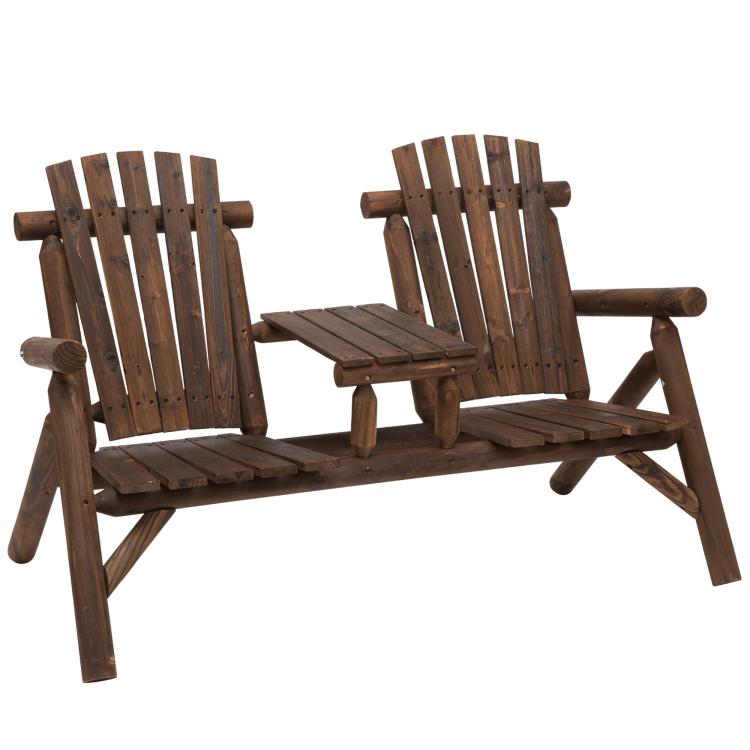 Wood patio chair bench with center coffee table and slatted backrests
