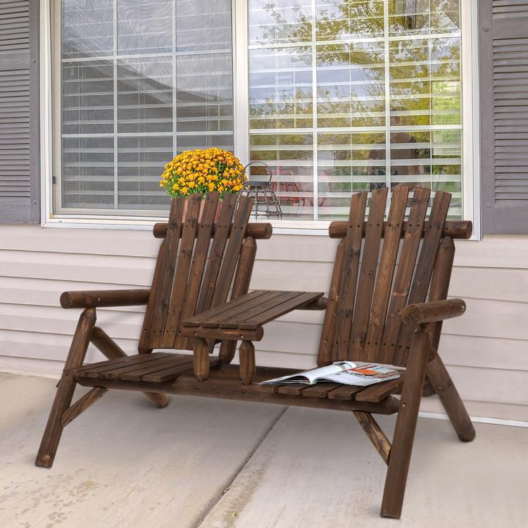 Carbonized wood Adirondack patio bench with center coffee table and armrests
