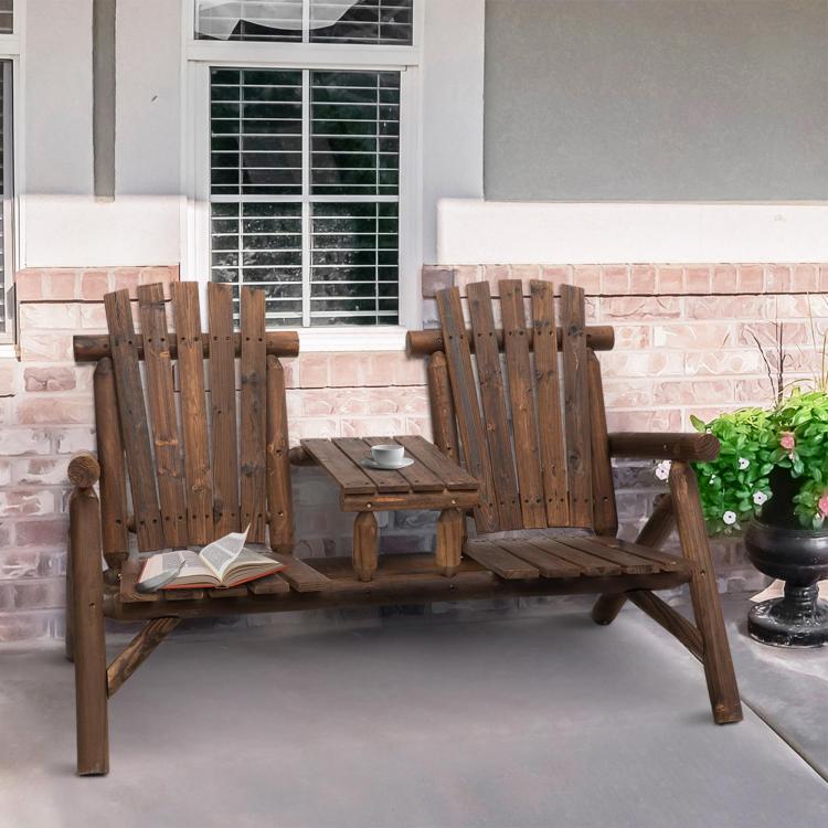 Carbonized wood Adirondack patio bench with center coffee table and two seats