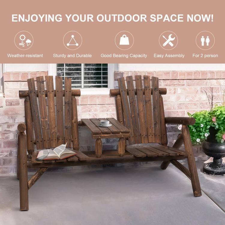Carbonized wood Adirondack patio bench with center coffee table, two-seater