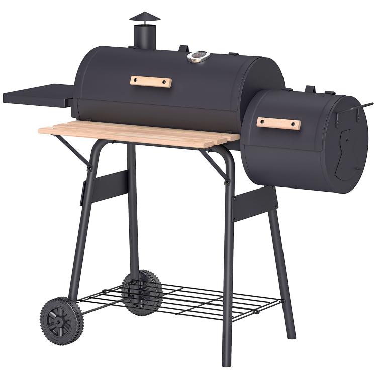 Charcoal BBQ grill and smoker combo with side shelf and smokebox, dark steel