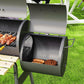 Charcoal grill smoker combo with curved lid and side door, dark steel cooking chamber