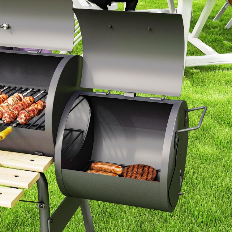 Charcoal grill smoker combo with curved lid and side door, dark steel cooking chamber
