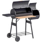 Charcoal BBQ grill and smoker combo with wheels, side shelf, and wire cooking grates