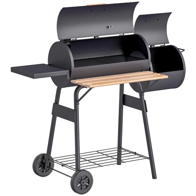 Charcoal BBQ grill and smoker combo with wheels, side shelf, and wire cooking grates