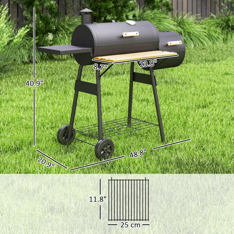 Charcoal BBQ grill and smoker combo with wire shelf base and four caster wheels