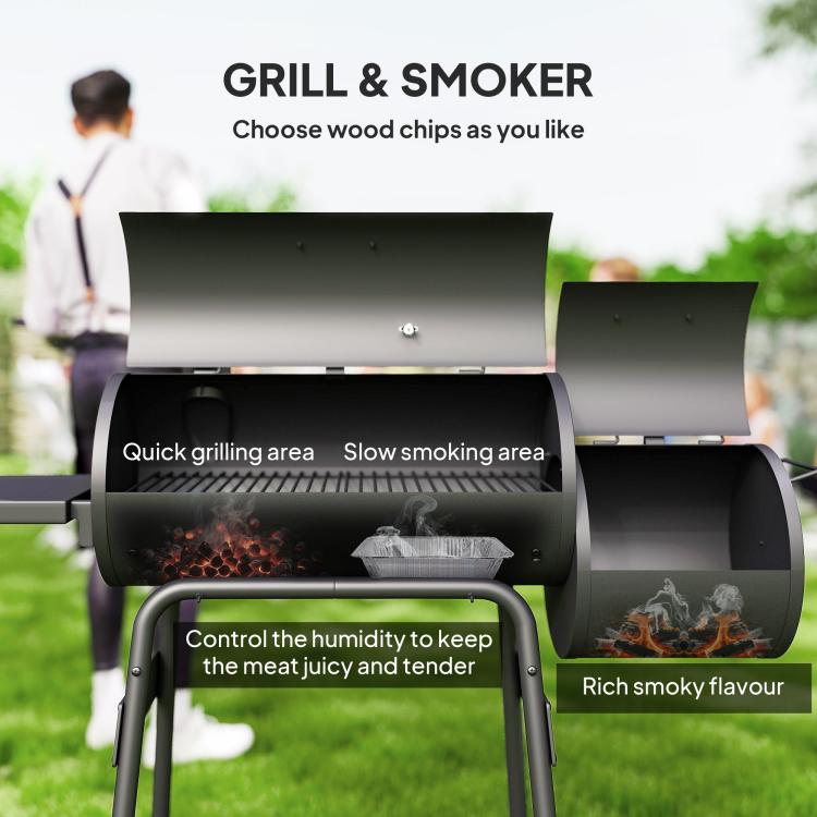 Charcoal BBQ grill and smoker combo with dual chambers and front cooking grates