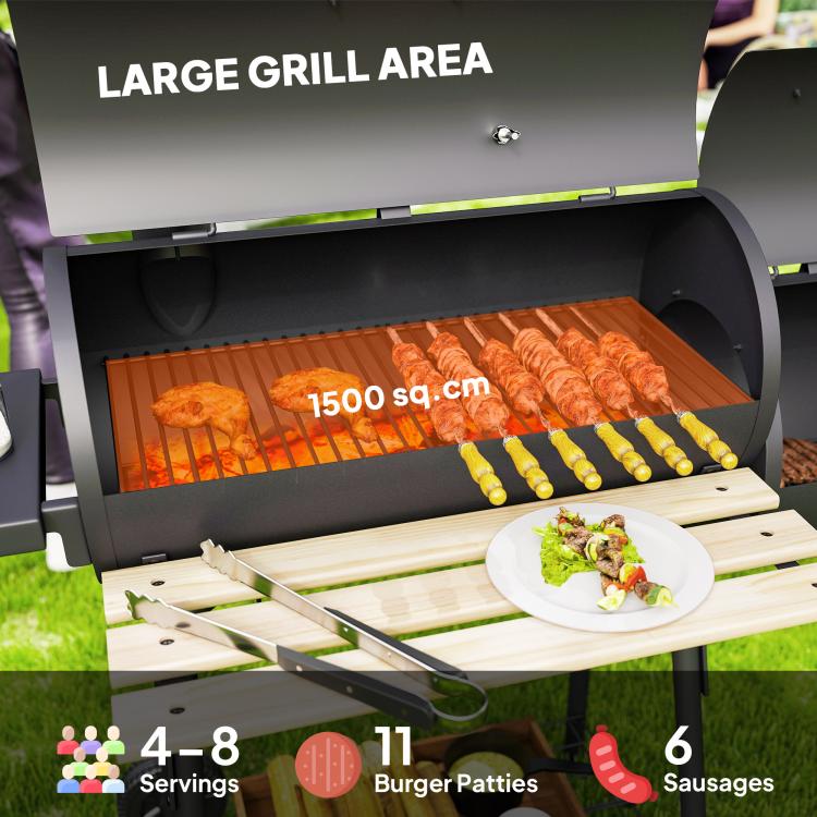 Charcoal BBQ grill and smoker combo interior with grilling rack and side prep board