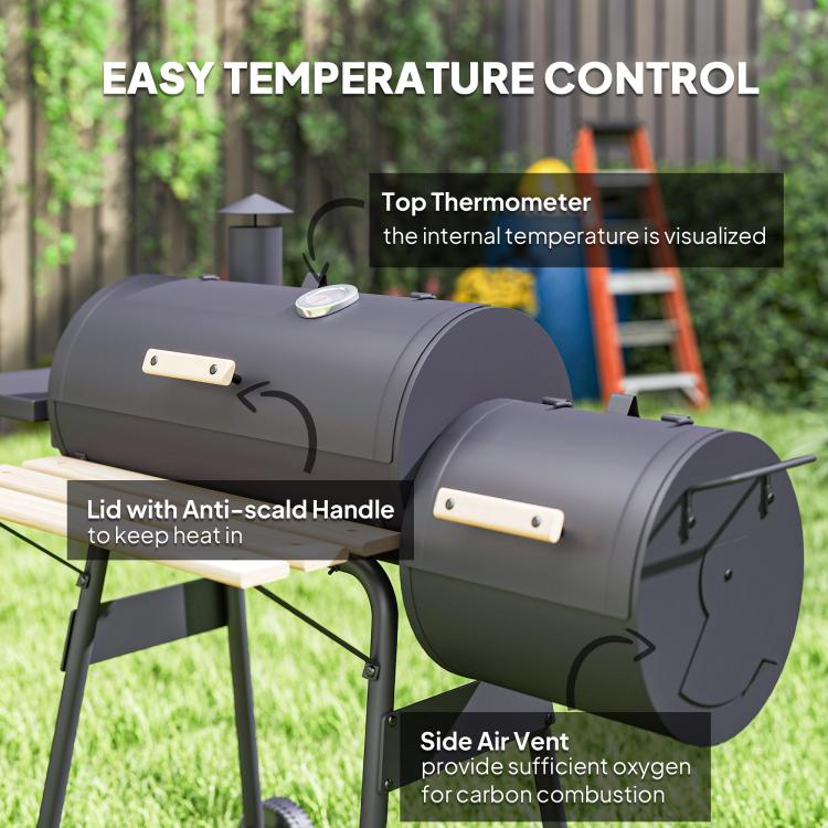 Charcoal BBQ grill and smoker combo with top thermometer, side handle, and air vent