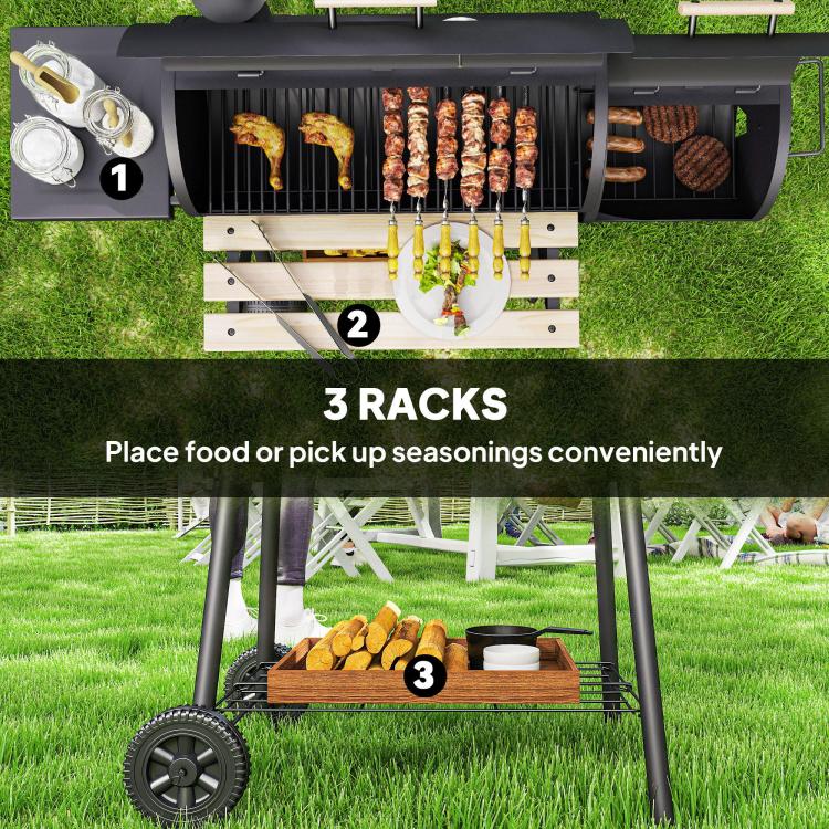 Charcoal BBQ grill and smoker combo with three-tier racks and hanging utensil hooks