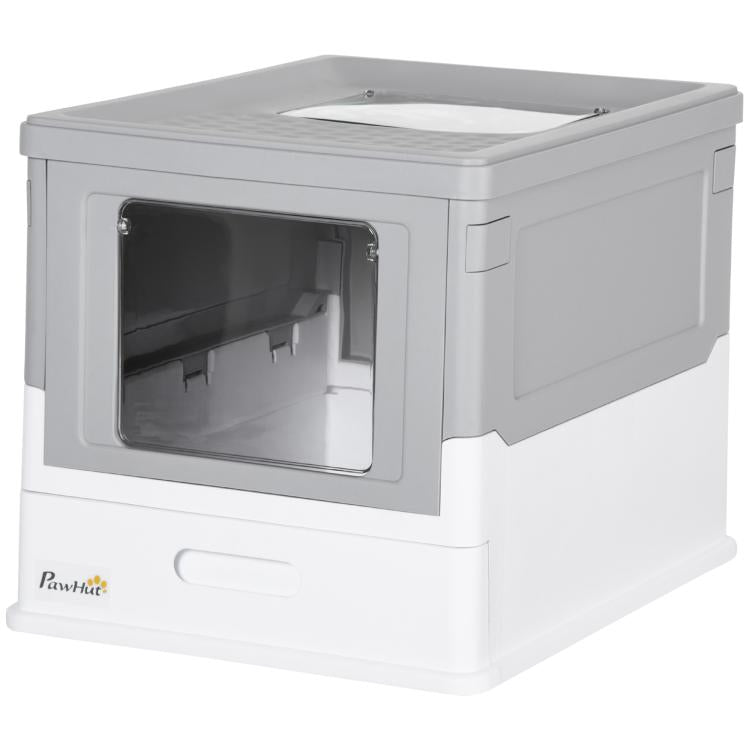 Gray and white enclosed cat litter box with front door open and dark interior view