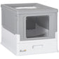 Gray and white enclosed cat litter box with front entry door and top opening