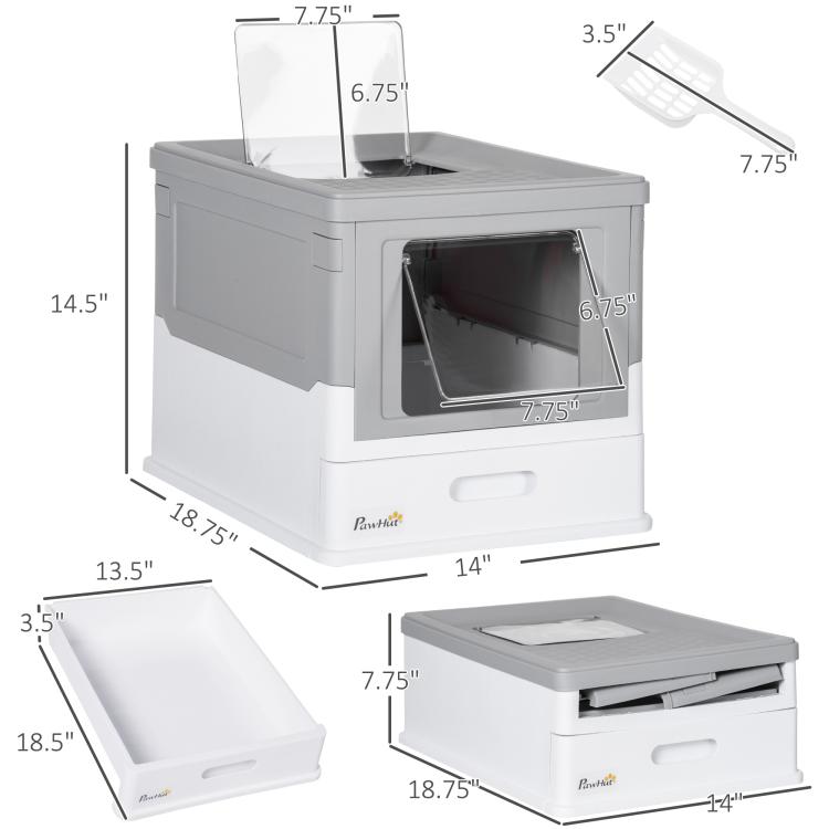 Enclosed gray cat litter box with labeled size diagram and open access panels