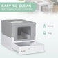Gray and white enclosed cat litter box with top opening and front door, shown with icons