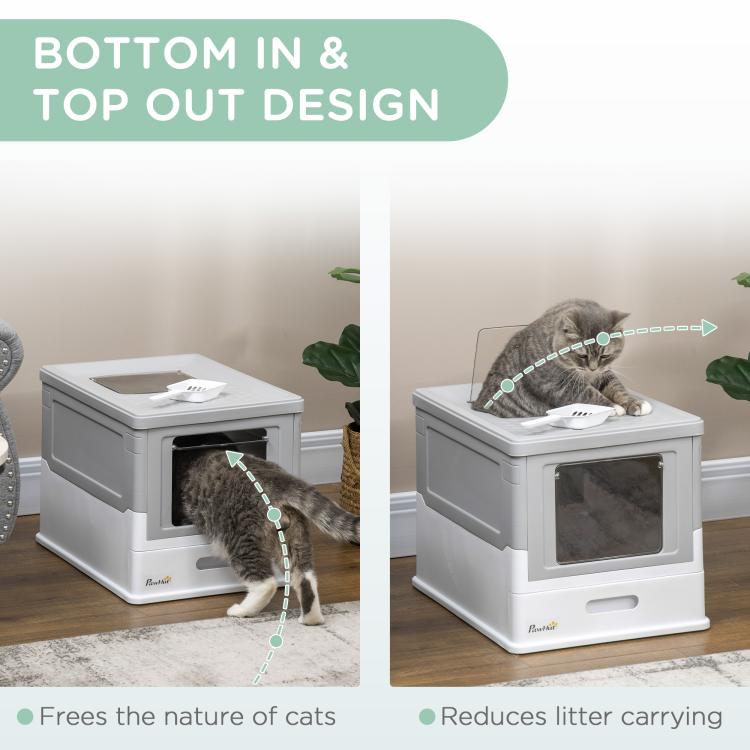 Gray and white enclosed cat litter box showing cat entering from front door and top exit