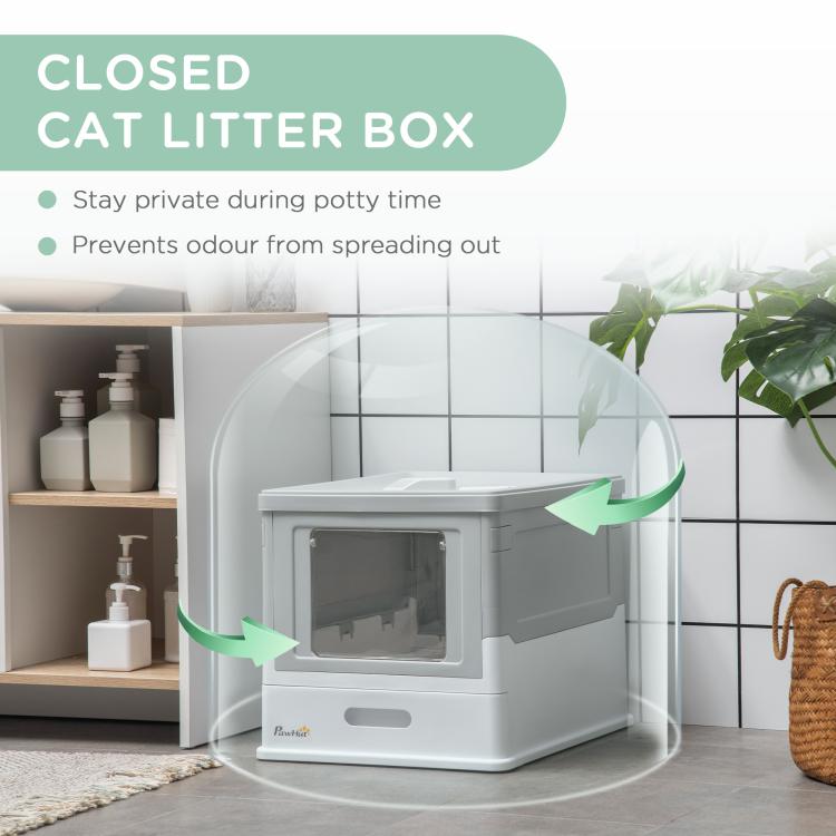 Gray and white enclosed cat litter box with front window and covered privacy design